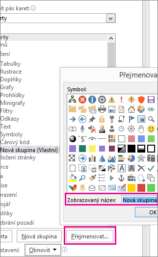 Tlačítko Přejmenovat v dialogovém okně Přizpůsobit pás karet