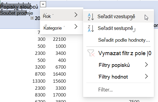 Oblast řádků s kombinovanými filtry