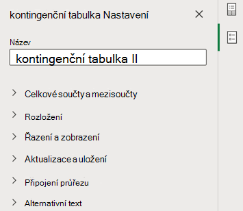 Podokno nastavení kontingenční tabulky v Excelu pro web