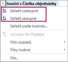 Možnosti vzestupného nebo sestupného řazení