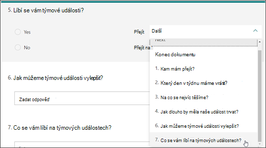 Vytvoření větví na jiné otázky na základě odpovědi na jinou otázku