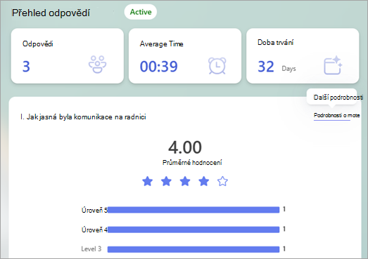 Přehled odpovědí zobrazuje souhrn odpovědí s odkazy Další podrobnosti, které vám pomůžou prozkoumat podrobnosti jednotlivých odpovědí.