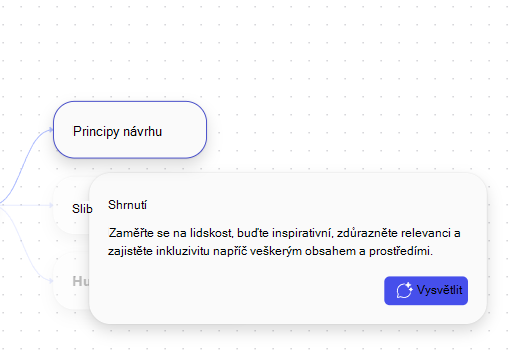 Snímek obrazovky s podoknem souhrnu tématu s možností otevřít Copilot Chat pro další podrobnosti.