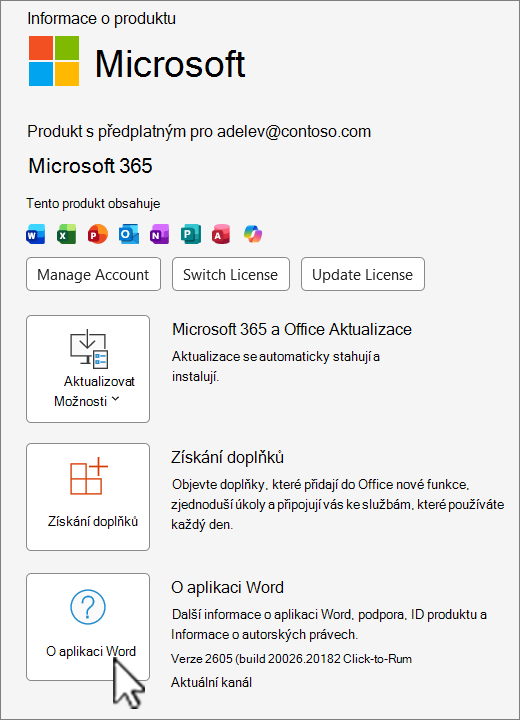 Snímek obrazovky se zobrazením verzí Office 365