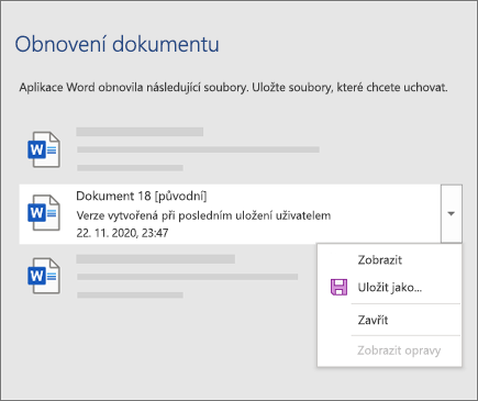 Originální dokument naposledy uložený uživatelem uvedený v podokně Obnovení dokumentu