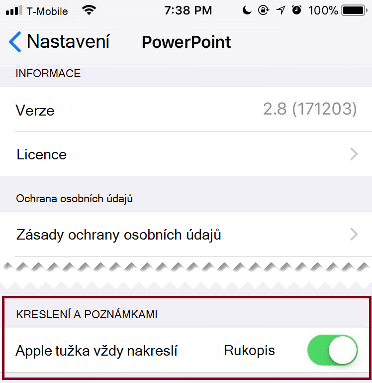 V nastavení aplikace můžete automatický rukopis vypnout nebo zapnout.