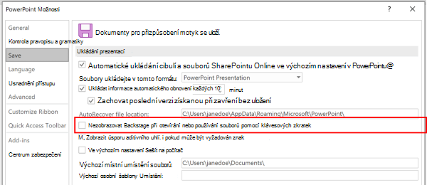 Snímek obrazovky s dialogem Možnosti aplikace PowerPoint, který zvýrazňuje nastavení zákazu použití zobrazení Backstage při ukládání s klávesovými zkratkami
