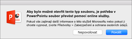 Zobrazuje upozornění na ochranu osobních údajů při otevření souboru ODF v PowerPointu 2016 pro Mac