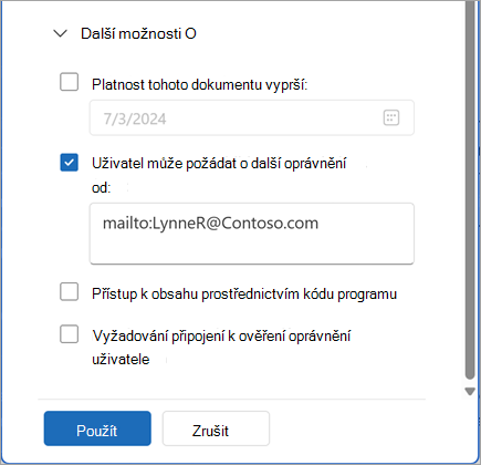 Snímek obrazovky s částí Další možnosti dialogového okna Oprávnění