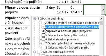 Plán projektu s rozevíracím seznamem s úkoly