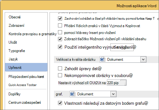 Možnosti v části Velikost a kvalita obrázku ve Wordu