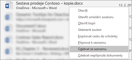 Místní nabídka, která se zobrazí, když kliknete pravým tlačítkem na soubor v seznamu posledních souborů