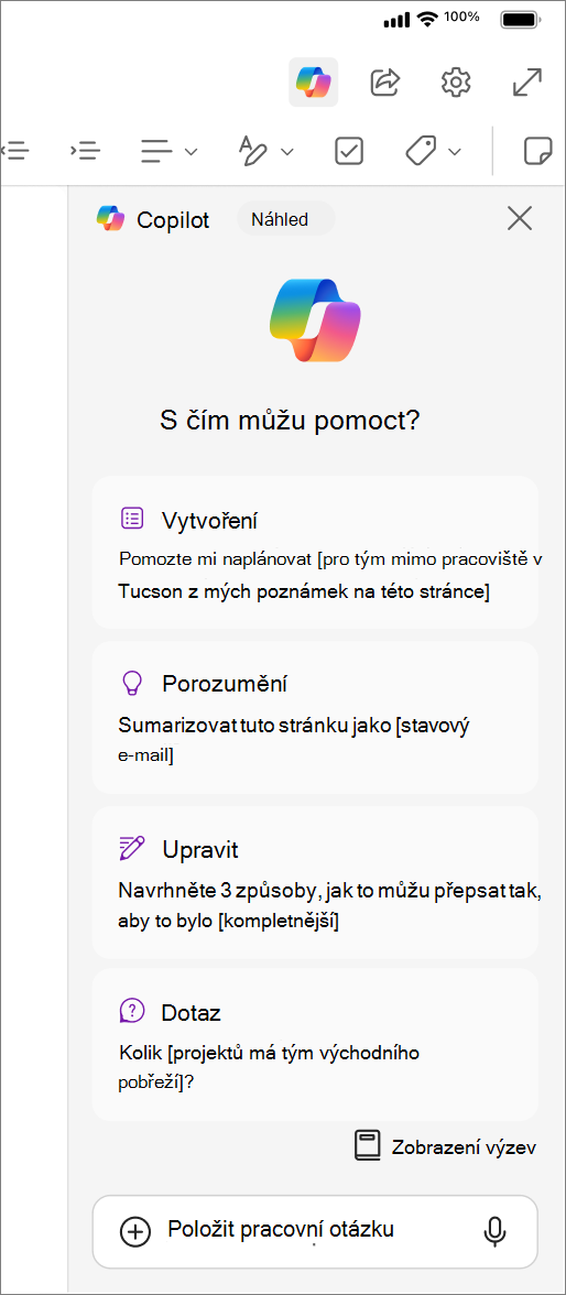 Přístup k tlačítku Copilot ve OneNotu pro iOS