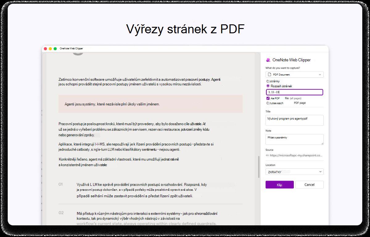 Snímek obrazovky se stránkou PDF s bočním panelem pro nastavení. Text nahoře říká, že se mají vystřihnout stránky z PDF.