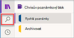 Umístění tlačítka Hledat ve OneNotu pro Windows 10