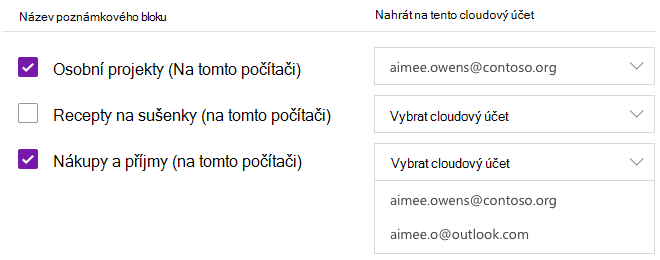 Vybrané poznámkové bloky se nahrají na cloudový účet