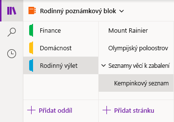 Navigační rozhraní ve OneNotu pro Windows 10