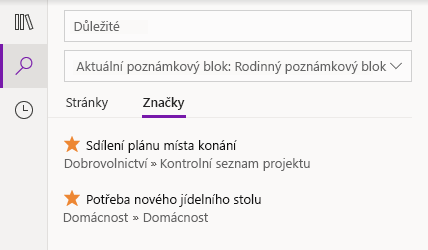 Výsledky hledání značek ve OneNotu pro Windows 10
