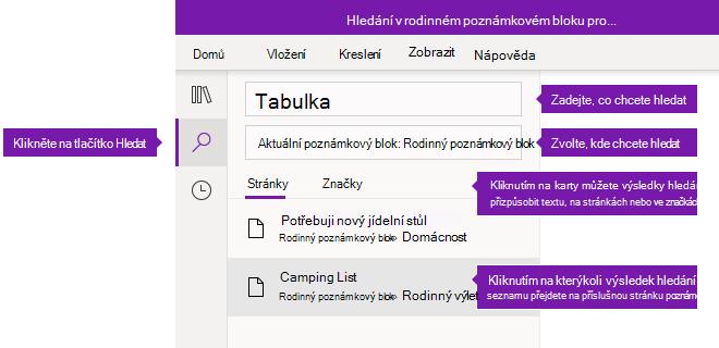 Možnosti podokna hledání ve OneNotu pro Windows 10