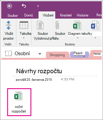 Snímek obrazovky s tabulkou připojenou v OneNotu 2016
