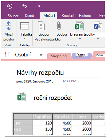 Snímek obrazovky s tabulkou vloženou v OneNotu 2016