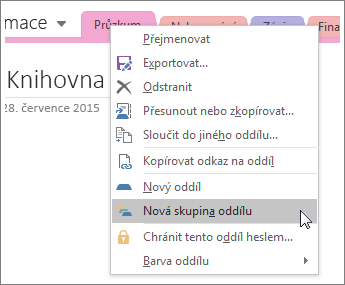 Snímek obrazovky s postupem vytvoření nové skupiny oddílů ve OneNotu 2016