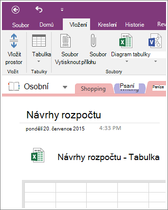 Snímek obrazovky s novou tabulkou v OneNotu 2016.