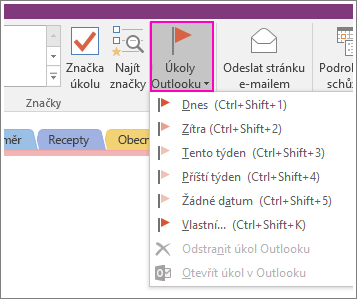 Snímek obrazovky s tlačítkem Úkoly Outlooku ve OneNotu 2016