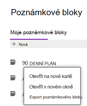 Nabídka ukazující postup exportu poznámkového bloku ve OneNotu
