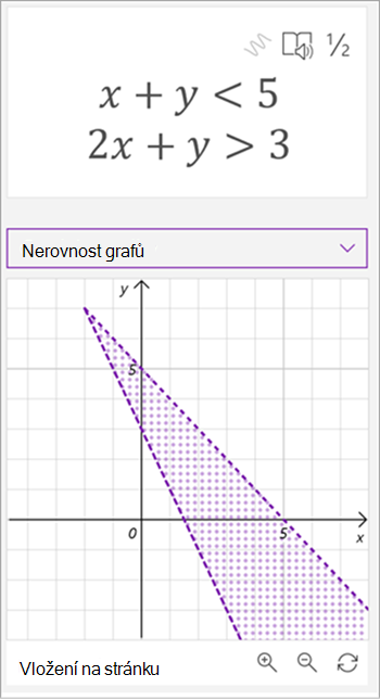 Snímek obrazovky s grafem rovnic vygenerovaným Matematickým asistentem x plus y je menší než 5, 2x plus y je větší než 3, obě čáry se vykreslí a oblast mezi nimi je vystínovaná