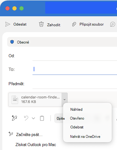 Možnosti rozevíracího seznamu připojení souboru v aplikaci Outlook pro Mac