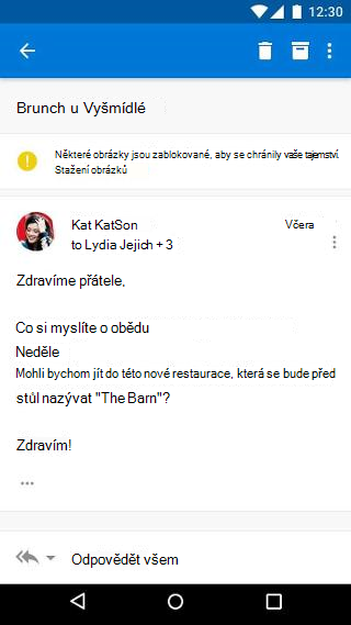 Zpráva Některé obrázky byly zablokovány v horní části e-mailu