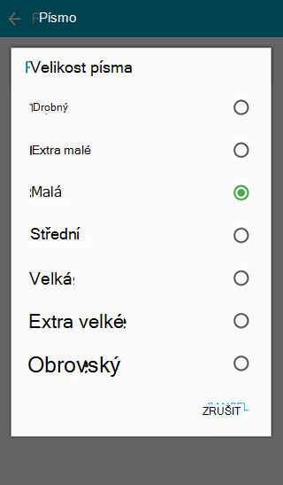 Seznam výběrů velikosti písma