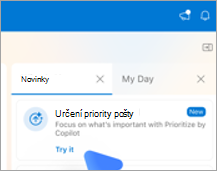 Zobrazuje kartu Co je nového v Outlooku na Macu. V nastavení priority pošty je odkaz Vyzkoušet.