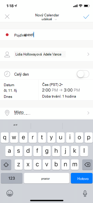 Zobrazuje e-mail na obrazovce mobilního zařízení. Pozvaní jsou uvedeni spolu s dnem a časem schůzky. Máte také možnost přidat polohu.
