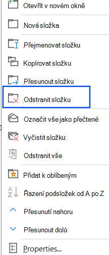 Snímek obrazovky s vybranou možností Odstranit složku v navigačním podokně