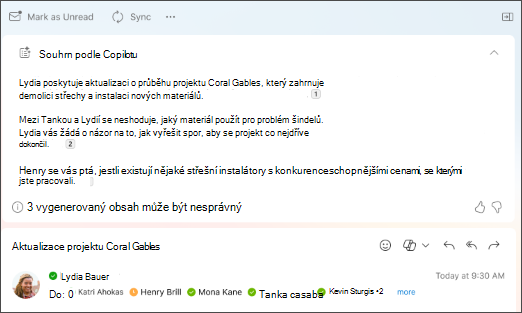 Shrnutí e-mailového vlákna s citacemi vytvořené Copilotem