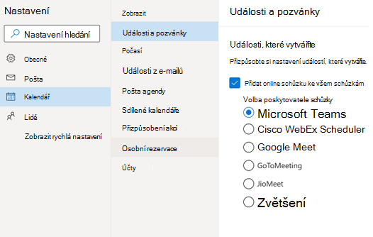 Outlook na webu – výběr výchozího poskytovatele online schůzek