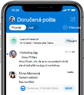 Zobrazuje doručenou poštu na obrazovce mobilního zařízení. Nahoře je upozornění, že za 12 minut bude schůzka.