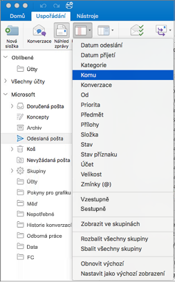 Poštu si můžete uspořádat různými způsoby – klikněte na Uspořádat > podle > a vyberte si ze seznamu možností.