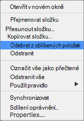 Možnost Odebrat z oblíbených položek v místní nabídce