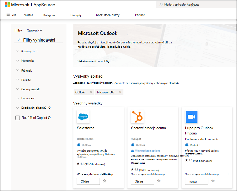 Doplňky Microsoft Outlooku v AppSource