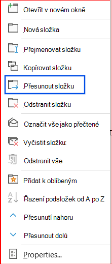 Snímek obrazovky s vybranou možností Přesunout složku v navigačním podokně