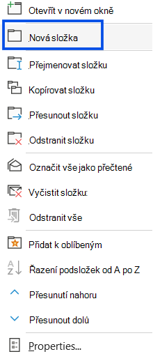 Snímek obrazovky, který ukazuje výběr nové složky v navigačním podokně klasického Outlooku.