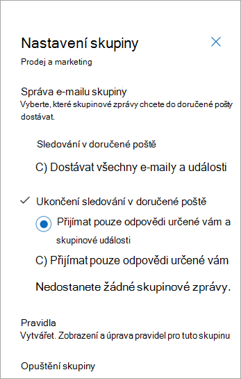 Na panelu nastavení skupiny vyberte předvolbu sledování nebo vyberte Odejít.