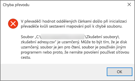 Tato chybová zpráva se zobrazí, pokud má váš .csv soubor špatně formátovaná data.