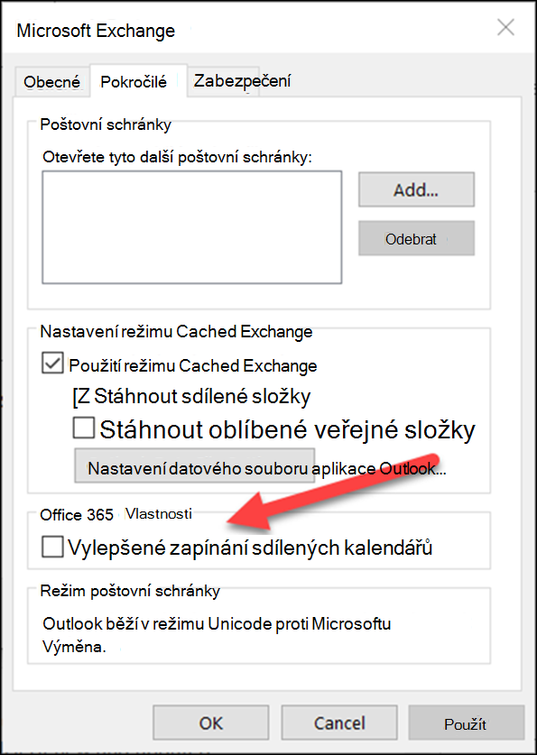 Vylepšení sdíleného kalendáře můžete zapnout zaškrtnutím políčka.
