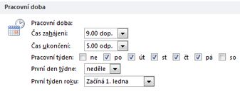 Část Pracovní doba v dialogovém okně Možnosti aplikace Outlook
