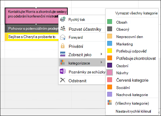 Na událost můžete kliknout pravým tlačítkem a přiřadit kategorii.