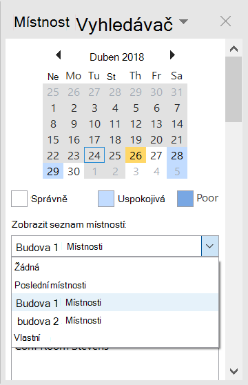 Pomocí Vyhledávání místností můžete zobrazit konferenční místnosti, které jsou pro vaši schůzku k dispozici.